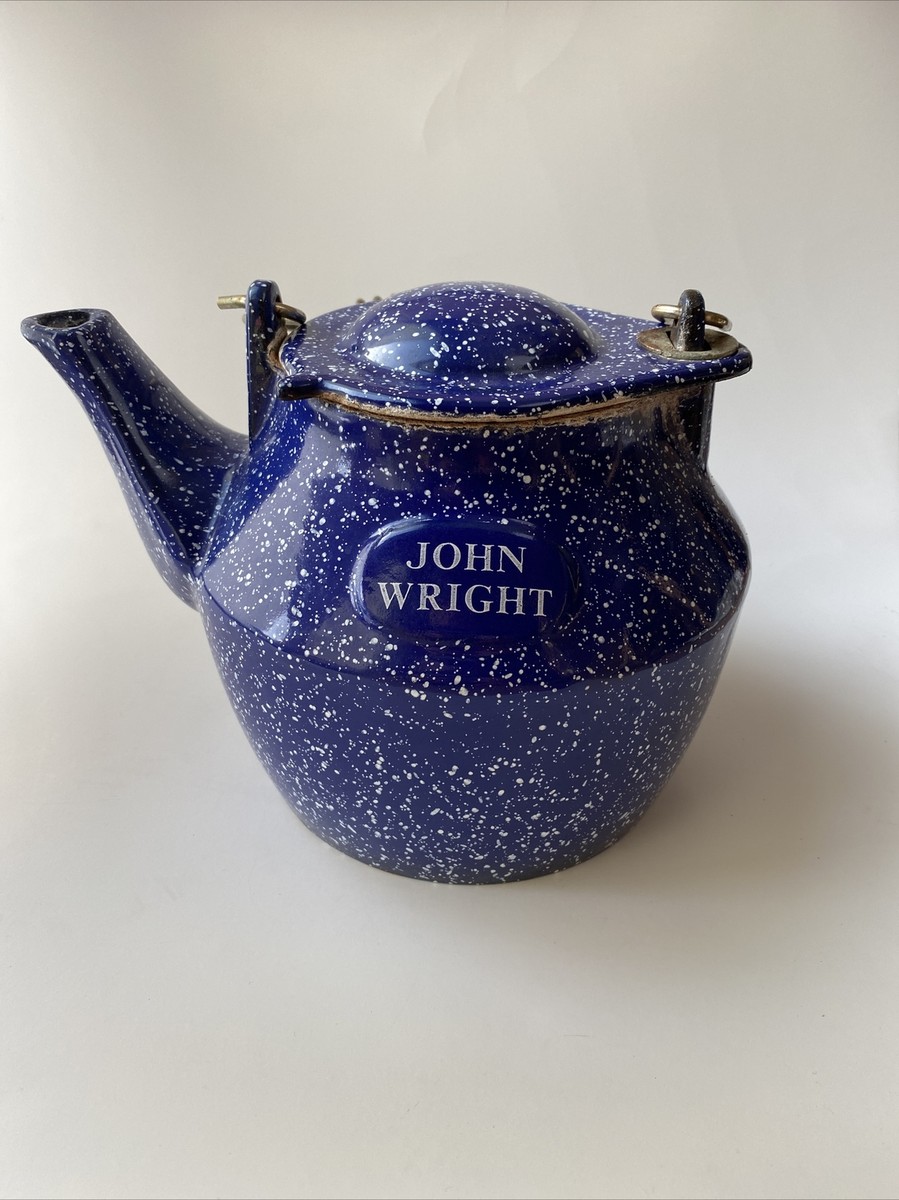 Vintage JOHN WRIGHT Blue Speckled Cast Iron Kettle Teapot w