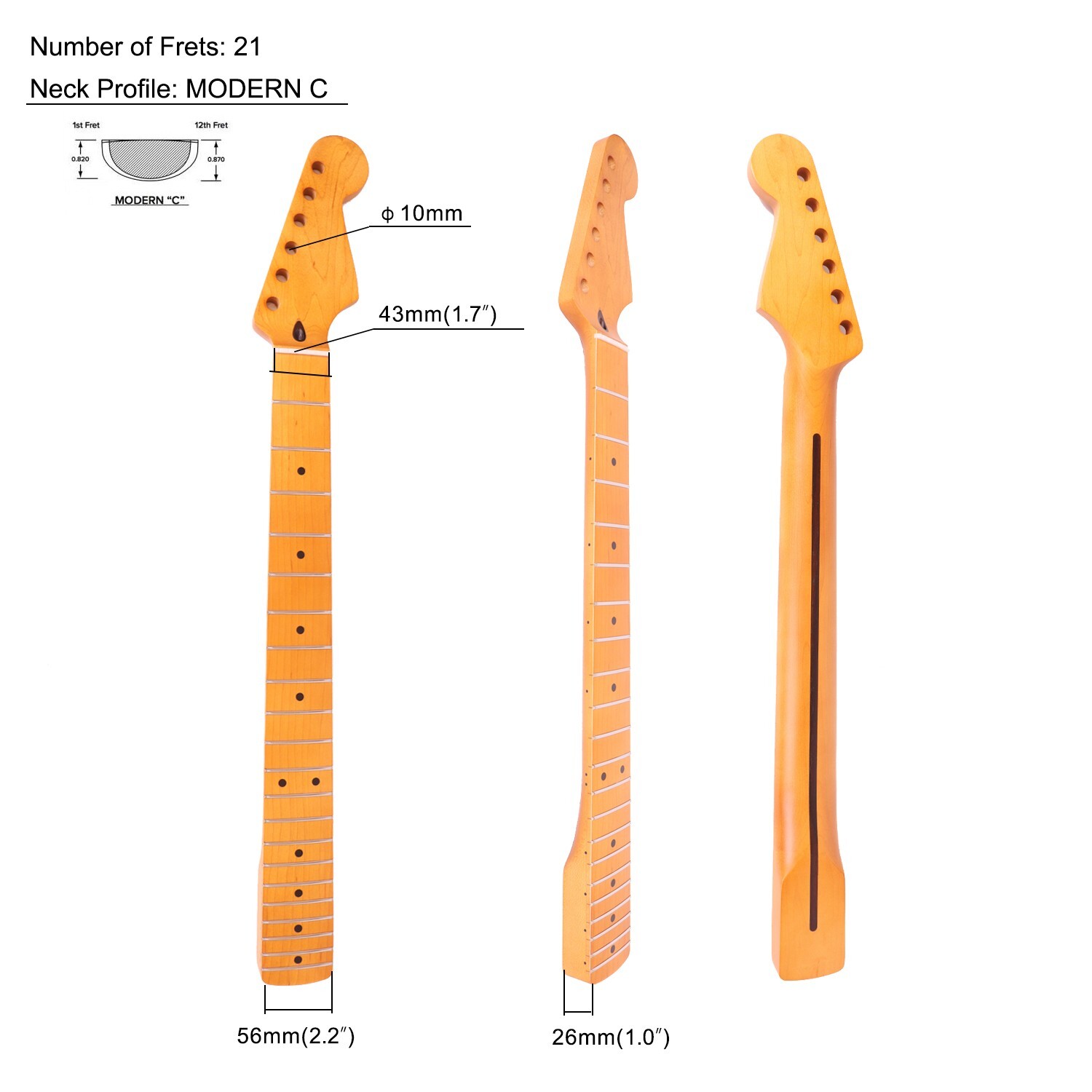 ST Style Guitar Neck Maple Neck 9.5" Radius 8 mm Holes 21 Frets Satin