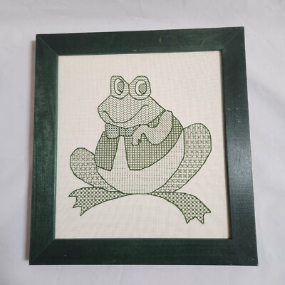 Embroidered Mr. Frog Toad Bow Tie Vest Green Framed Picture Completed Vintage