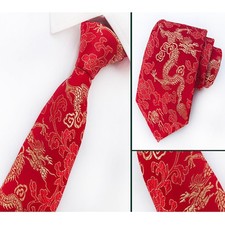 Men Red 8CM Wide Chinese Dragon Floral Jacquard Necktie Wedding Formal Tie