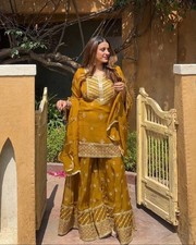 Indian Style Yellow Faux Georgette Top Palazzo With Dupatta For Women  Girls