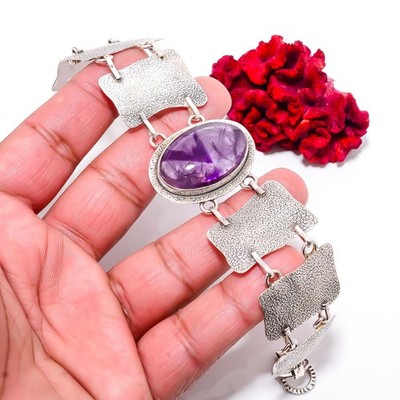 Trapiche Amethyst - Brazil 925 Sterling Textured Silver Bracelet 8.99'' B84356