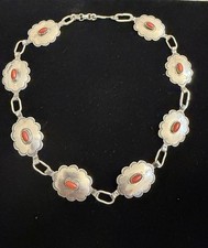 Rare Vintage Navajo Sterling Silver and Red Coral Concho Link Necklace