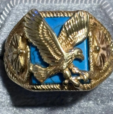 Vintage 10k Black Hills Gold & Turquoise Eagle Ring-Size 11.5