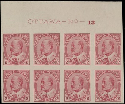 1903 CANADA KING EDWARD VII, 2C CARMINE IMPERF PLATE No.13 BLOCK OF 8, NH UN#90A