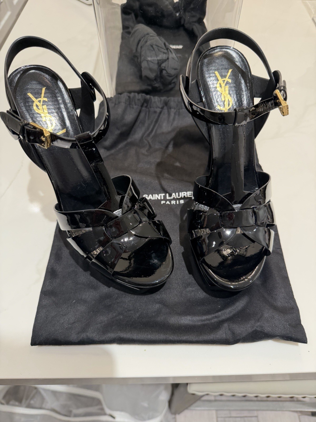 Saint Laurent YSL Tribute Black Patent Leather Heels Size 39 Platform Sandal