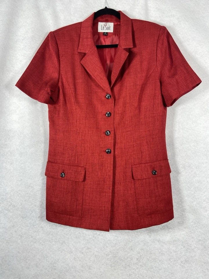 Le Suit 2 piezas Pantalones Traje Mujer’s 16 Rojo Negro Blazer Botón Mangas Cortas Sarga Foto 3 de 4