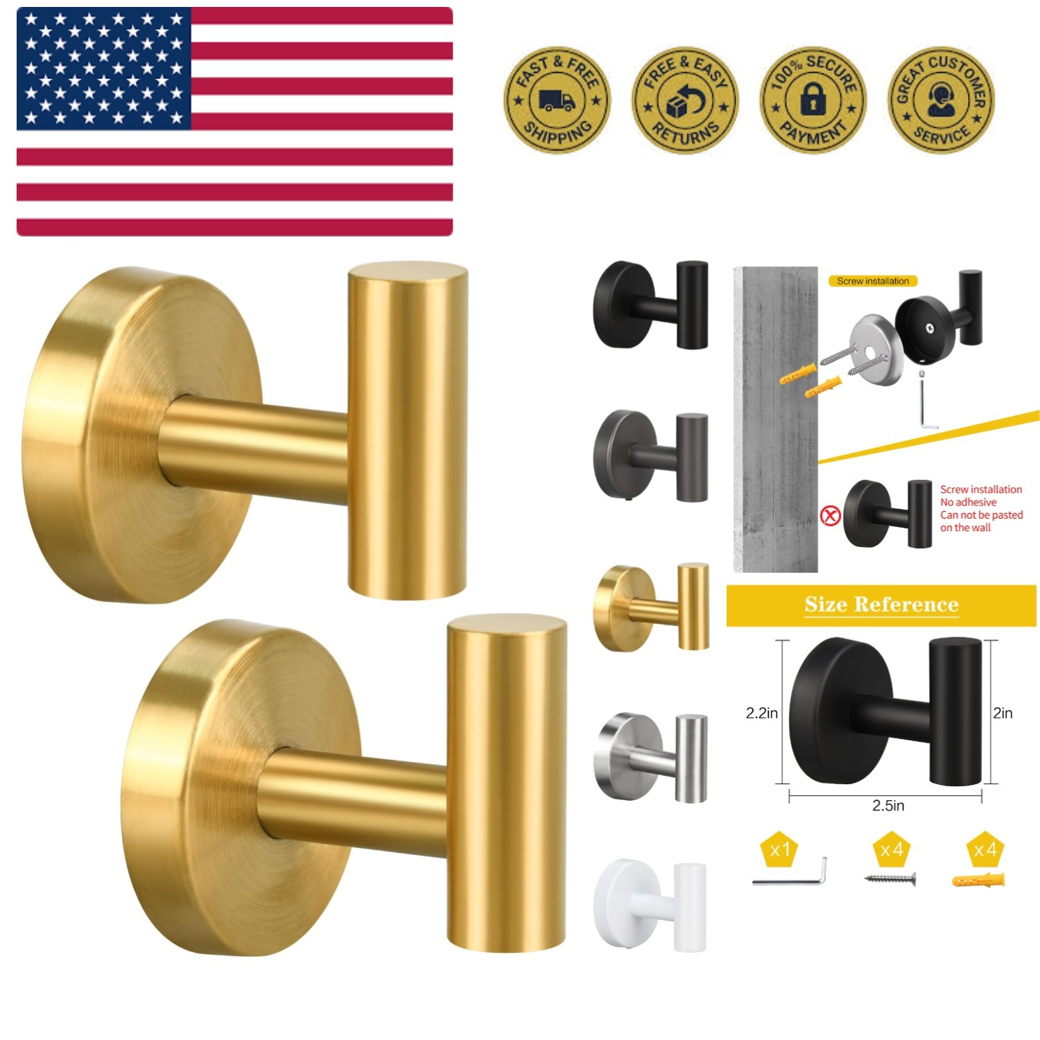 2 Pack Brushed Golden Towel Hooks, Stainless Steel Bathroom Hooks for Bedroom...