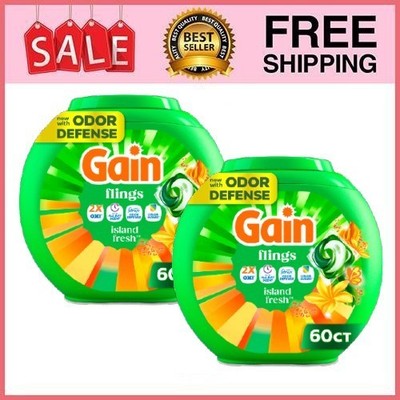 2 Pack Gain Flings Laundry Detergent Pacs,, Island Fresh, 60 Count Pk