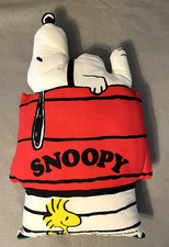 1980s Peanuts Stuffed Cotton Snoopy on Doghouse Pillow with Woodstock - F.C.I.