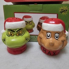 NIB Dr. Seuss The Grinch  Max Sculpted Ceramic Christmas Salt  Pepper Set