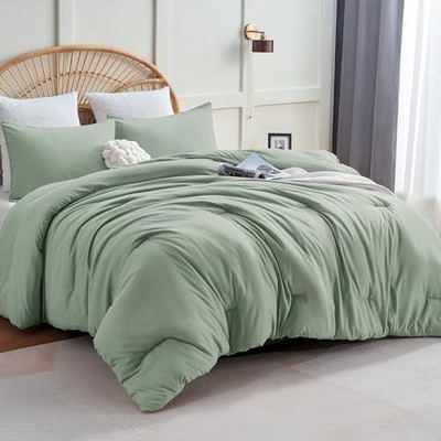  Sage Green Comforter Set Queen Size, 3 Pieces Solid Breathable Quilted Style 