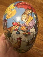 German Paper Mache Easter Egg Candy Container Chickens Rabbits Hedgehog Picnic