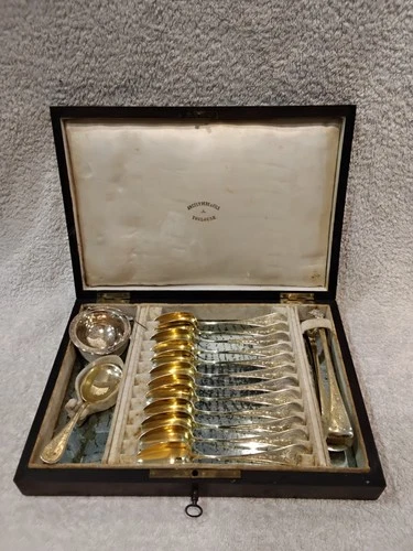 mid 19th c french gilded 800 silver tea set (15p) medallion with wooden case