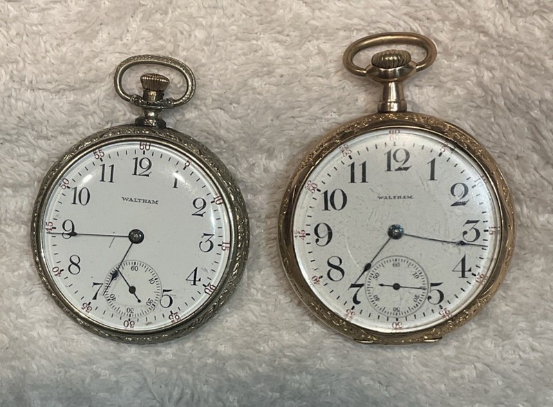 2 Antique Waltham Pocket Watches 16s GF Cases Model 1908, 1899 Grade 636,620