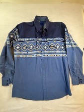 Roper Western L Cowboy Rodeo Blue Pearl Snap Shirt Aztec USA Long Sleeve READ