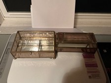 Vintage Etched Beveled Frosted Glass Gold Gilt Vanity Jewelry Trinket Box