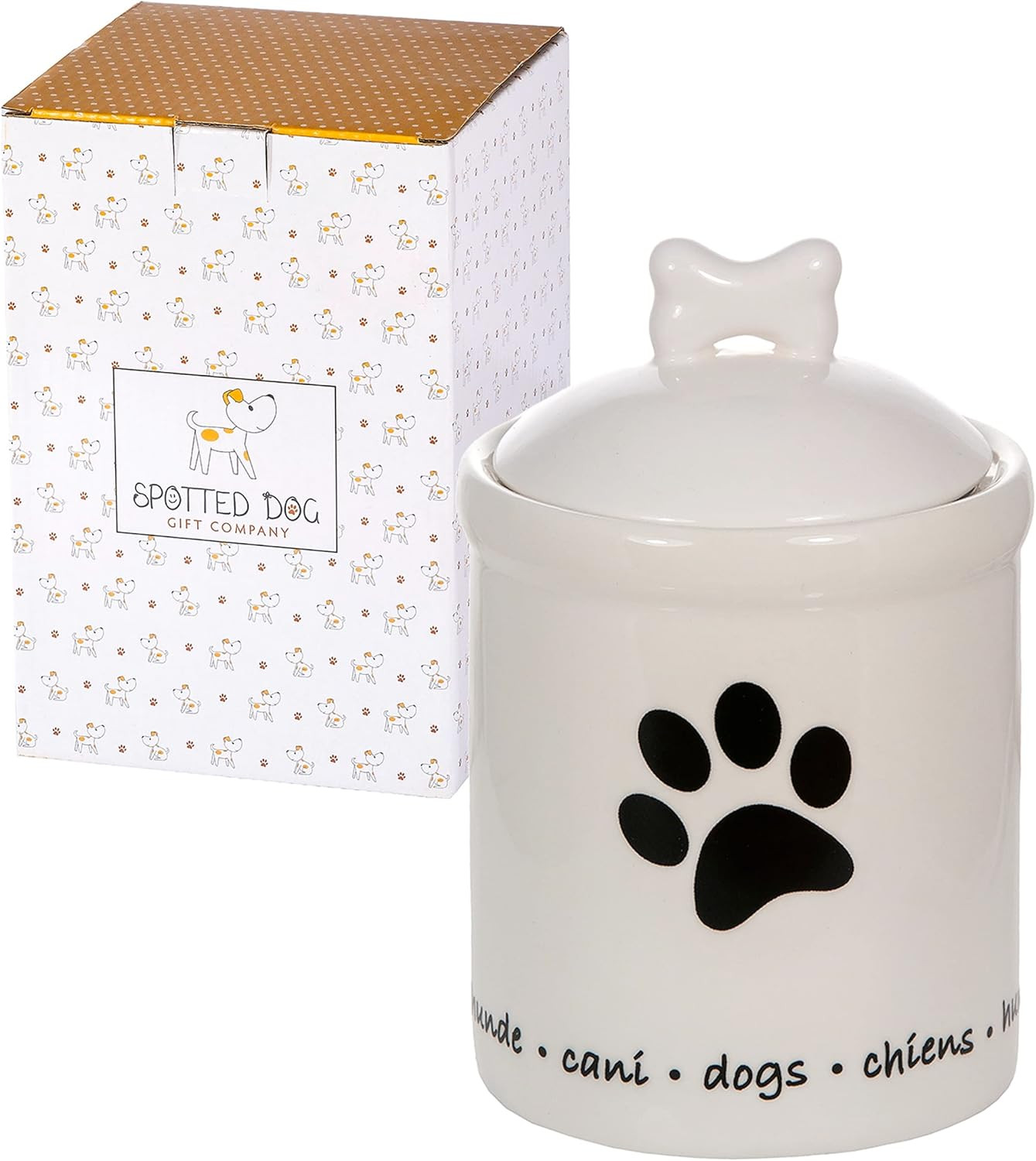Ceramic Dog Treat Container 30oz | Cute Countertop Jar w/ Bone Lid | Dog Lover G