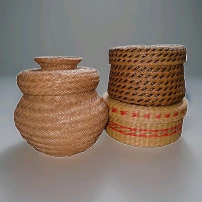 Woven Storage Baskets Lids Small Desk Table Vanity Boho Various Styles Sizes 3