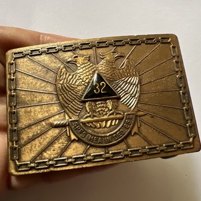 Vintage Masonic 32  Spes Mea In Deo Est Bronze Belt Buckle Double Eagle