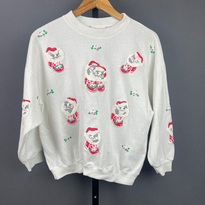 Spumoni by Franko Womens Sweatshirt Christmas Puff Print Cats White Vtg 90s L