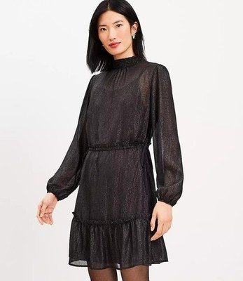 NWT Ann Taylor LOFT Petite Size Small SP Black Smocked Neck Tiered Swing Dress