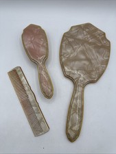 Antique 3 Piece Celluloid Bakelite Dresser Vanity Set Brush Comb Handheld Mirror