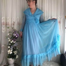 1970s sky blue maxi prom dress s/m handmade long sleeve gown formal eveningwear