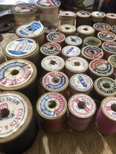 Lydia’s Coats Clark Talon Singer LOT 70 THREAD MULTI-COLOR & WOOD SPOOLS LABELS
