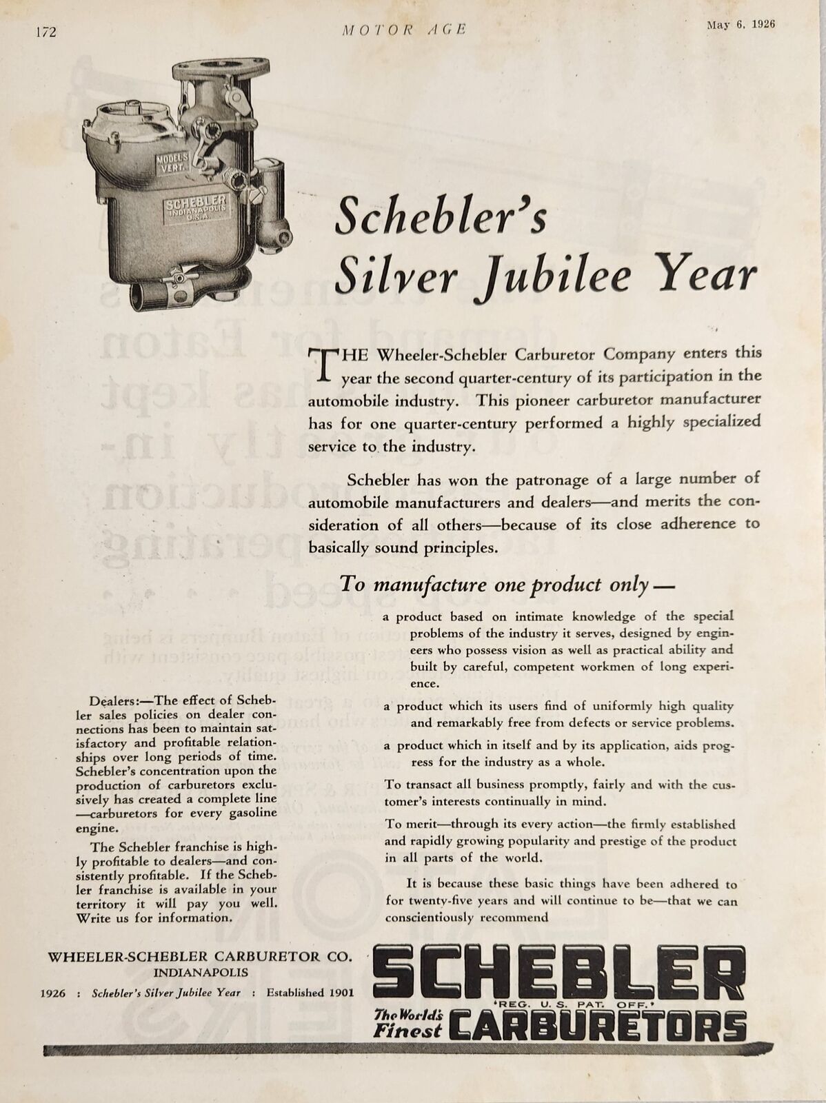 1926 Print Ad WheelerSchebler Carburetor Company Carburetors