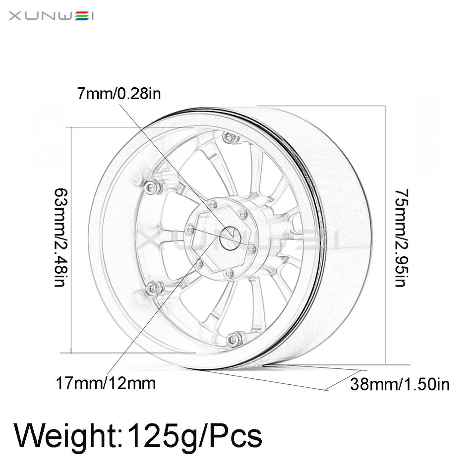 2.6" Beadlock Wheel Rim Hub HEX 12&17mm for 1/7 1/8 RC Crawler MK07 H8H 4082 KM4 - Image 2 of 4