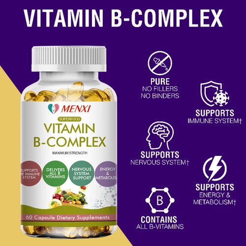 Vitamin B Complex Caps,Vitamins B1,B2,B3,B5,B6,B8,B12,Energy, Metabolism Support - Picture 2 of 8