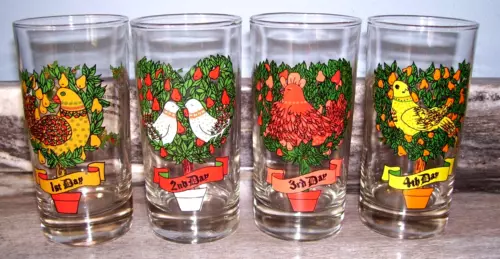 Set of 4 Vintage Indiana Glass 12 Days of Christmas Tumblers "1 Through 4"