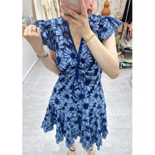 French Style V Neck Hollow Out Flutter Sleeve Womens Ruffles Short Dress Florals