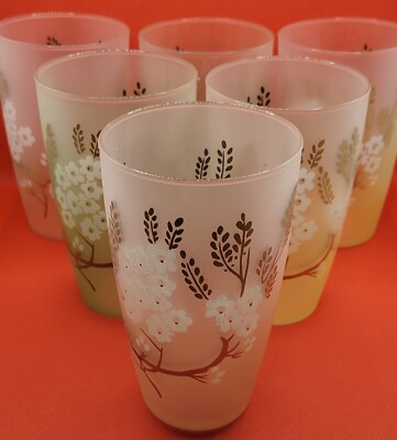 Vintage 1960s Set of 6 Libby Dogwood Frosted Glasses Painted Tumblers 5.5'' Tall