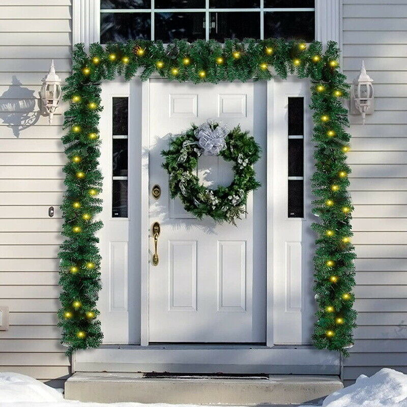 LED 9FT Pre Lit Christmas Garland with Lights Door Wreath Xmas