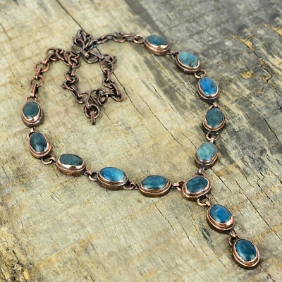 Copper Oval Neon Apatite Gemstone Chain Electroformed Artisan Necklace Jewelry