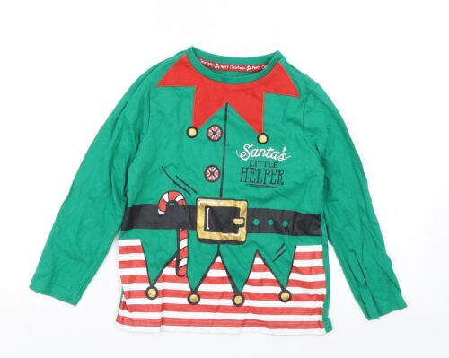F&F Boys Green Cotton Basic T-Shirt Size 6-7 Years Round Neck - Santa's little h - Afbeelding 1 van 12