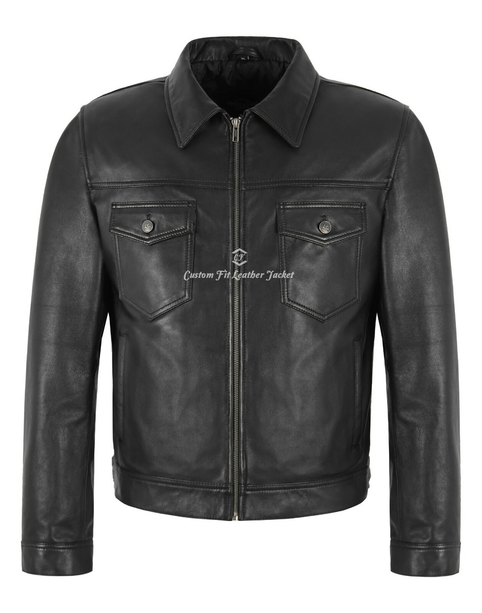 Mens Trucker Zip Front Leather Jacket Classic Collared Casual