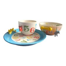 Anthropologie Child  s ABC 123 Dish Set Plate Bowl Cup Ceramic Animal Handles EUC