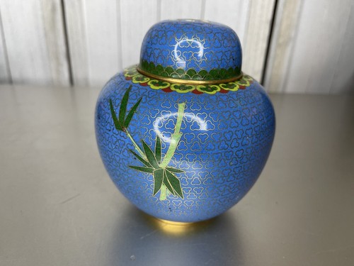 Vintage Cloisonné Floral Birds Ginger Jar W/Lid Blue Enamel Lining #2 - Picture 3 of 9
