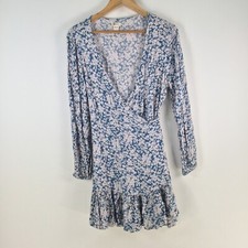 Billabong wrap dress womens 10 blue floral long sleeve VNeck viscose 104251