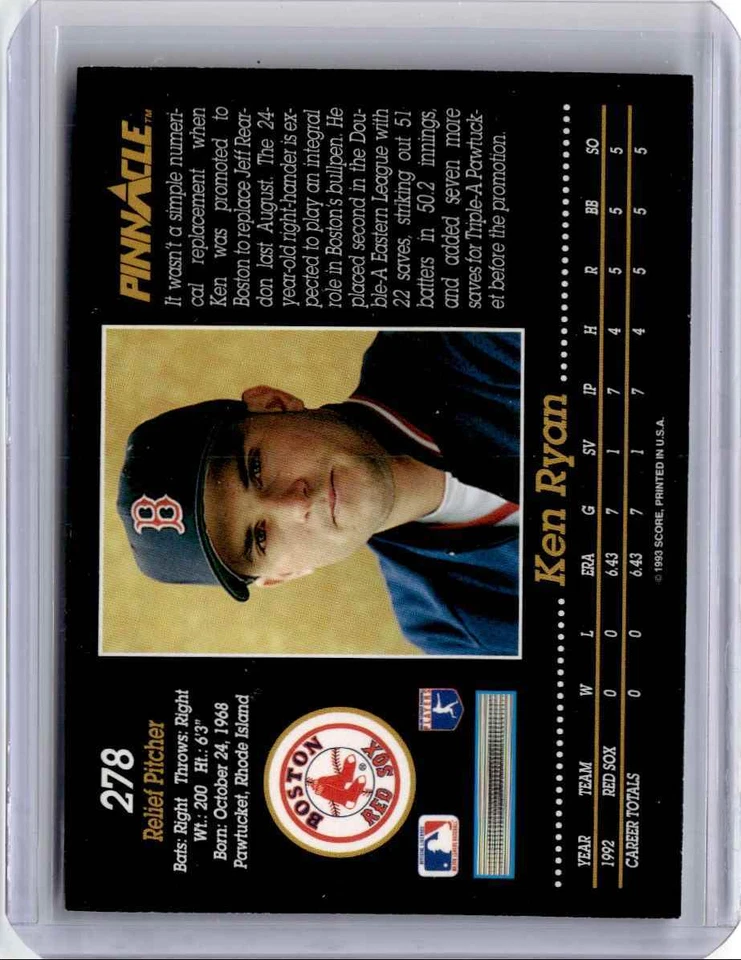 1993 Pinnacle Ken Ryan Rookie Baseball Card Boston Red Sox #278 - Image 2 of 2