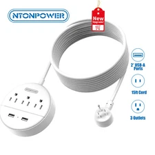 15FT USB Power Strip 3 Outlets 2 USB Heavy Duty Extension Cord US Flat Plug