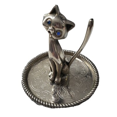 Vintage Silverplate Cat Ring Holder on Floral etched Tray and Blue Jewel Eyes