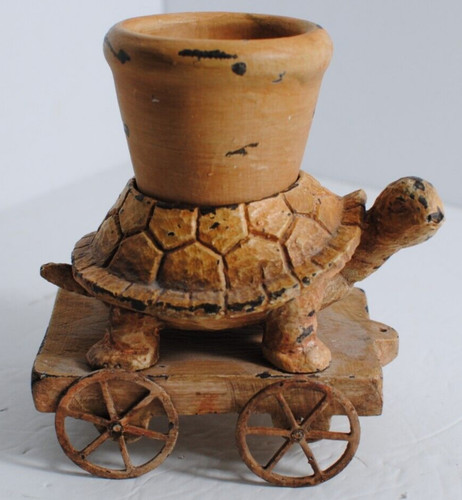 Turtle Planter Small 3" on a 5"Wagon Moveable Wheels Distressed Reto