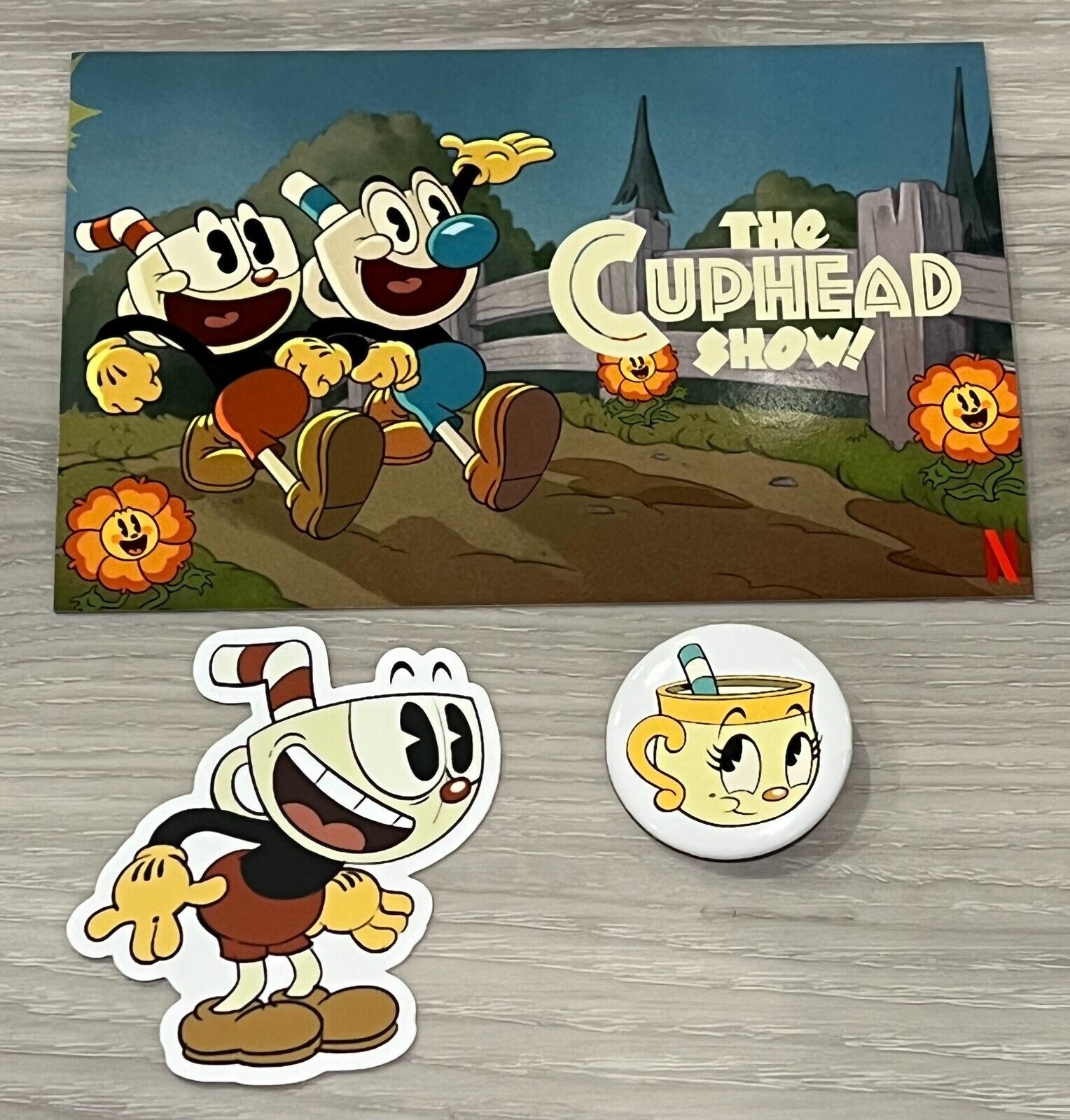 The Cuphead Show Promo Postcard Sticker Button Netflix Animation