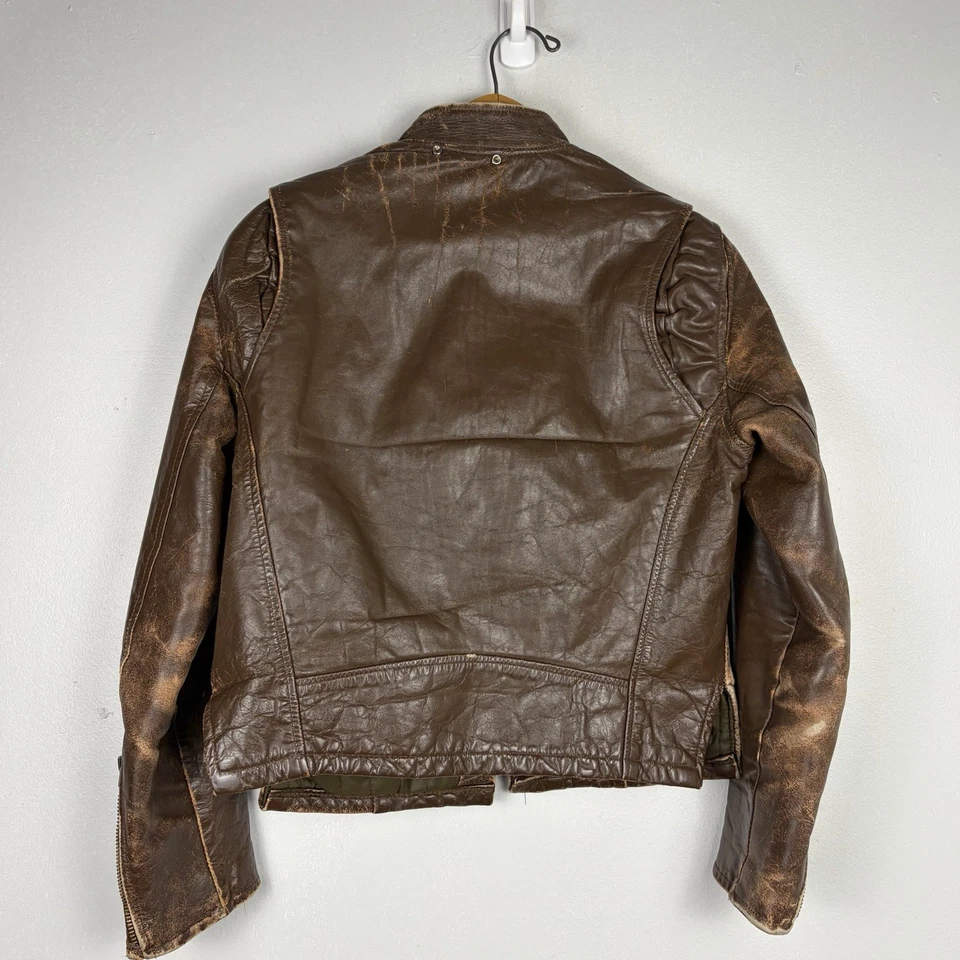 Chaqueta De Colección Años 60-70 Café Racer Cuero Talla 10 Marrón Envejecido Motociclista Leer Foto 2 de 4