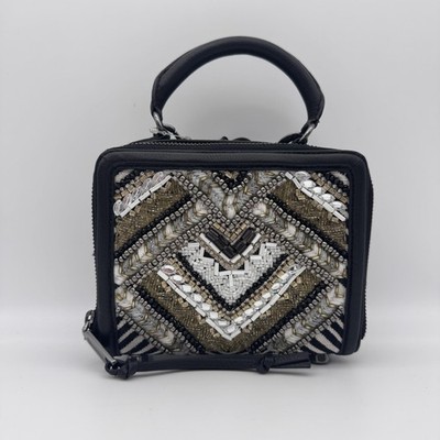 Rebecca Minkoff Wonder Box Crossbody Bag Small Beaded Black Metallic Chevron NEW
