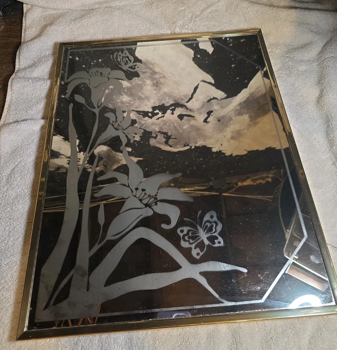 Vintage MCM Etched Gold Framed Mirror 16x20 Lilies And Butterflies Mirror